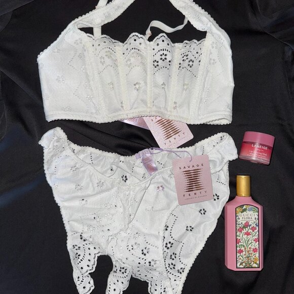 Savage X Fenty White Eyelet Lace Lingerie Set NWT - Picture 1 of 5